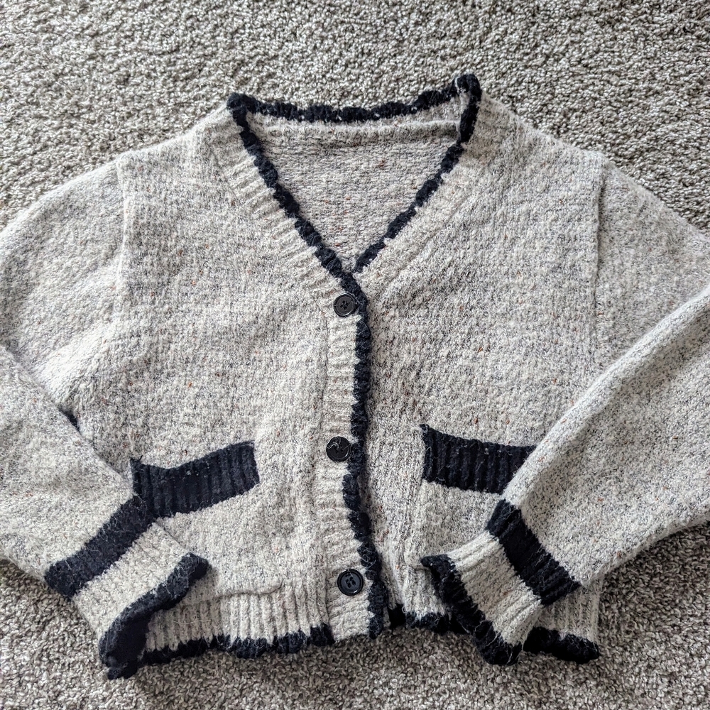 Cozy Cream Knit Cardigan with Black Trim
